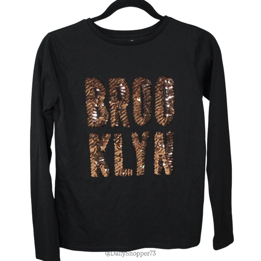 Primark Girls' Black Cotton Rose Gold Sequin "Brooklyn" Long Sleeve Tee Shirt
